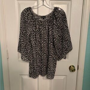 Black Leopard Print Relaxed Blouse with Bell Sleeves and Ruffled Details
